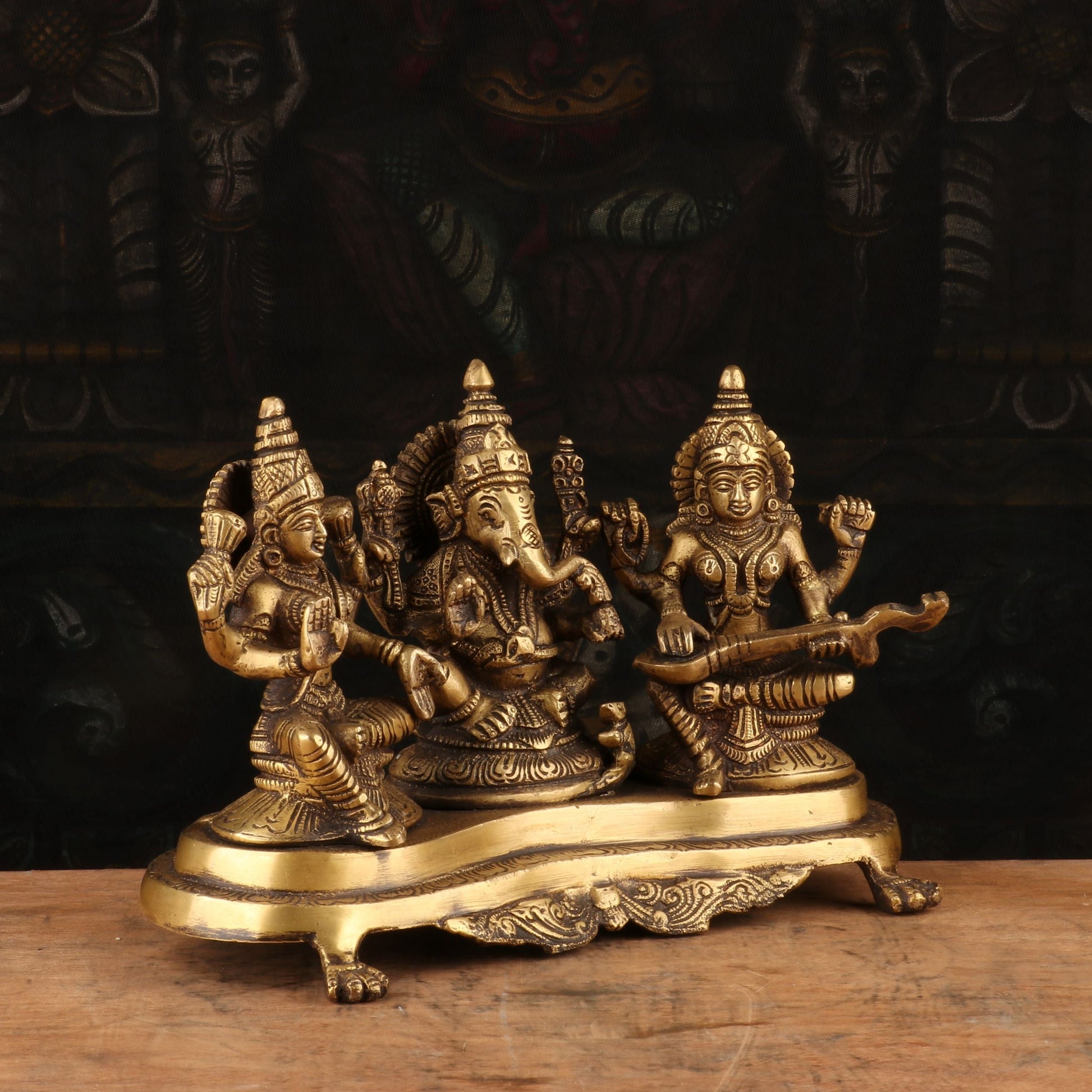 Brass Antique Ganesha, Lakshmi, Saraswati Trio Idol 7'' - Image 4