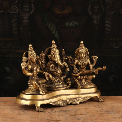 Brass Antique Ganesha, Lakshmi, Saraswati Trio Idol 7'' by vendor-unknown - Hindu Gods (View 4)