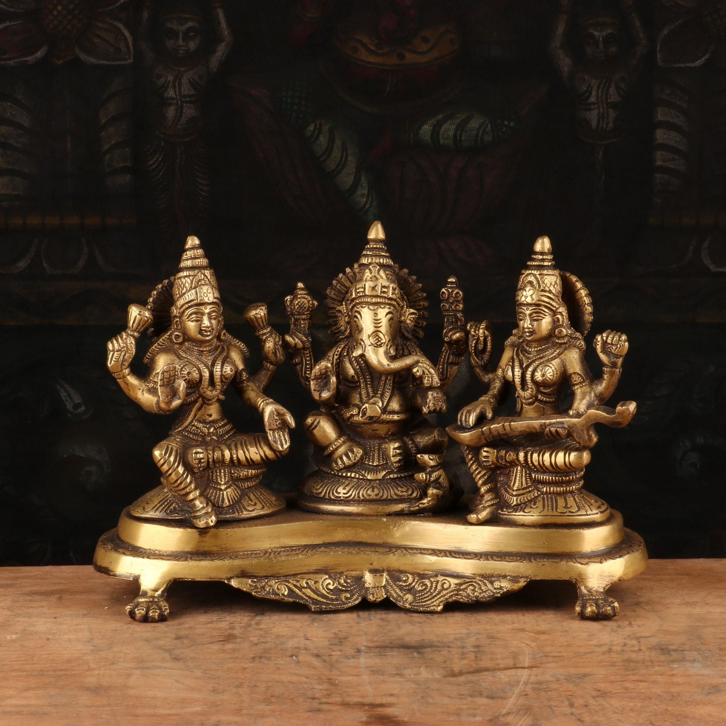 Brass Antique Ganesha, Lakshmi, Saraswati Trio Idol 7''