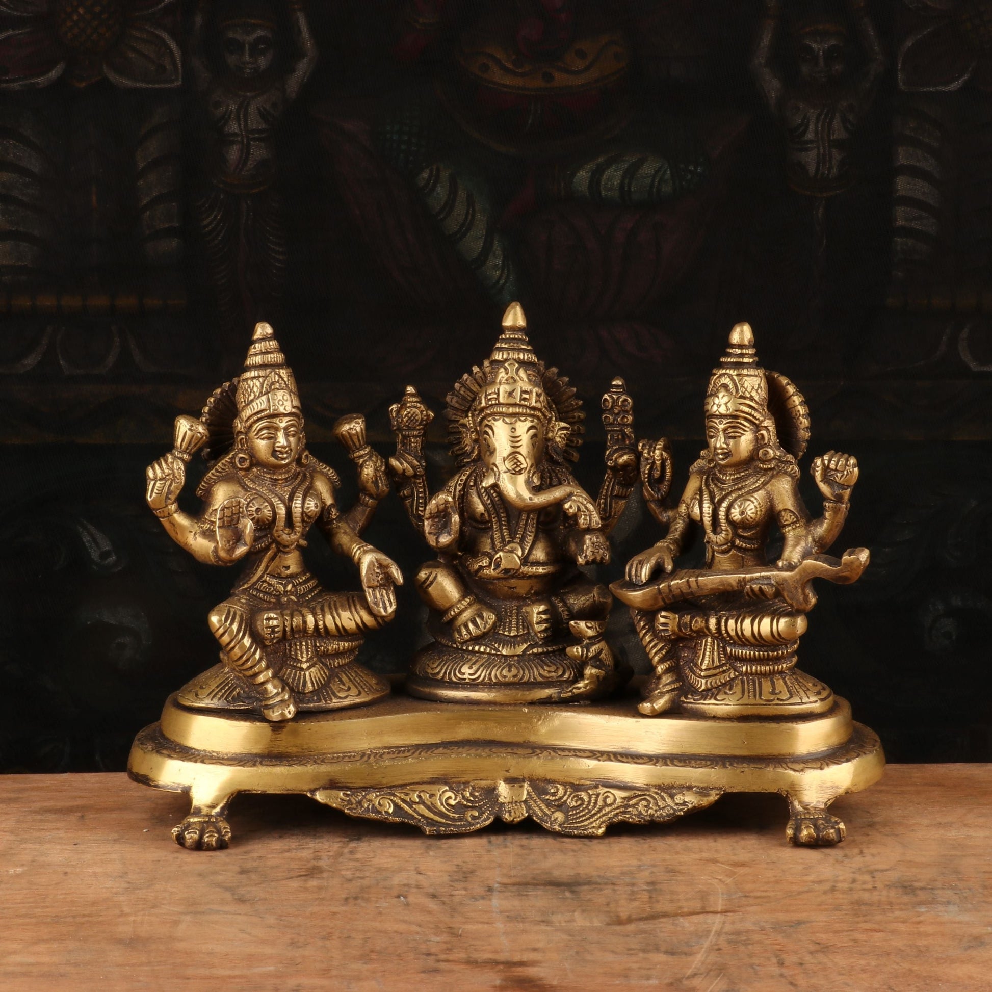 Brass Antique Ganesha, Lakshmi, Saraswati Trio Idol 7'' - Eco-friendly - Sama Homes