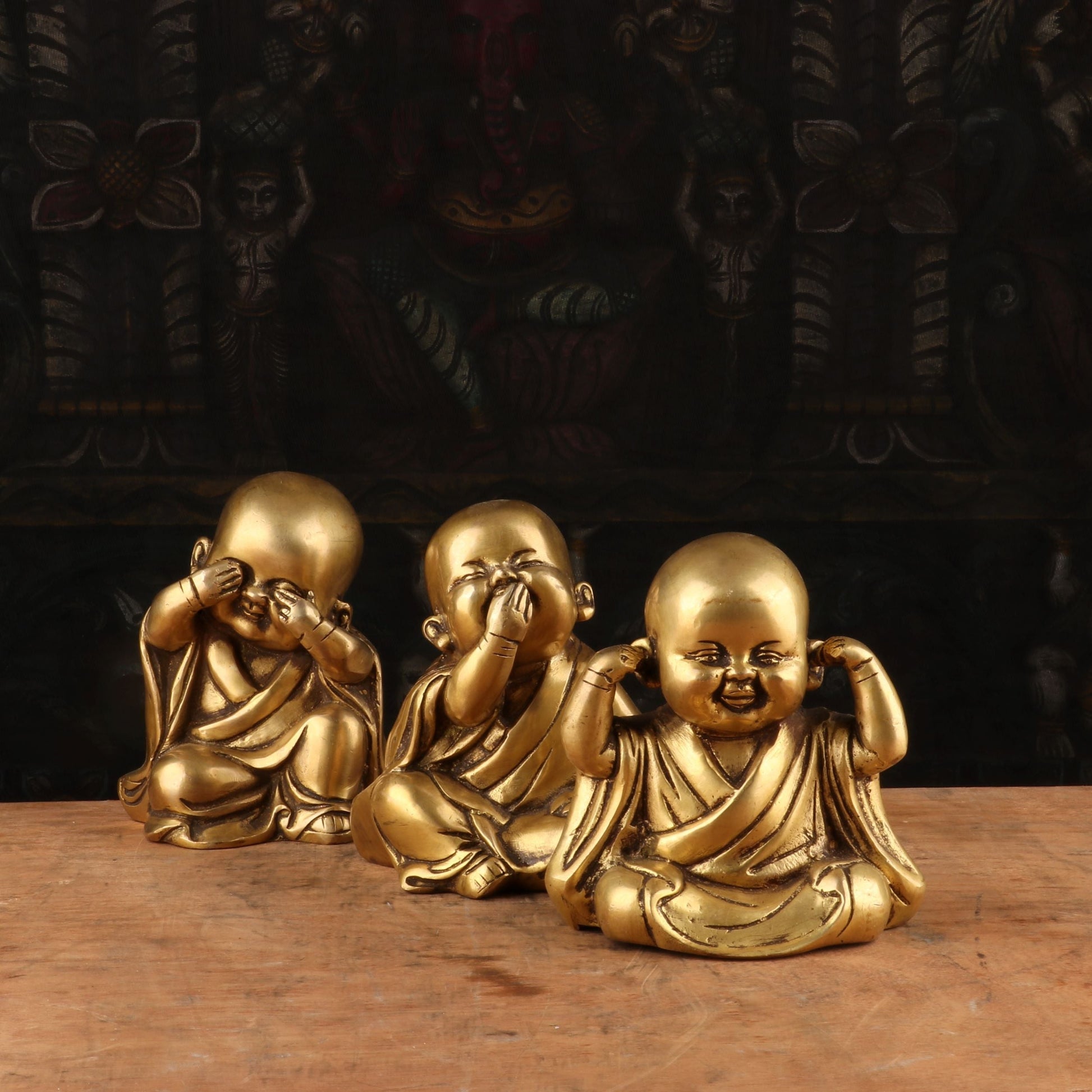 Brass Set of 3 Baby Laughing Buddha Monks 5'' - Image 3