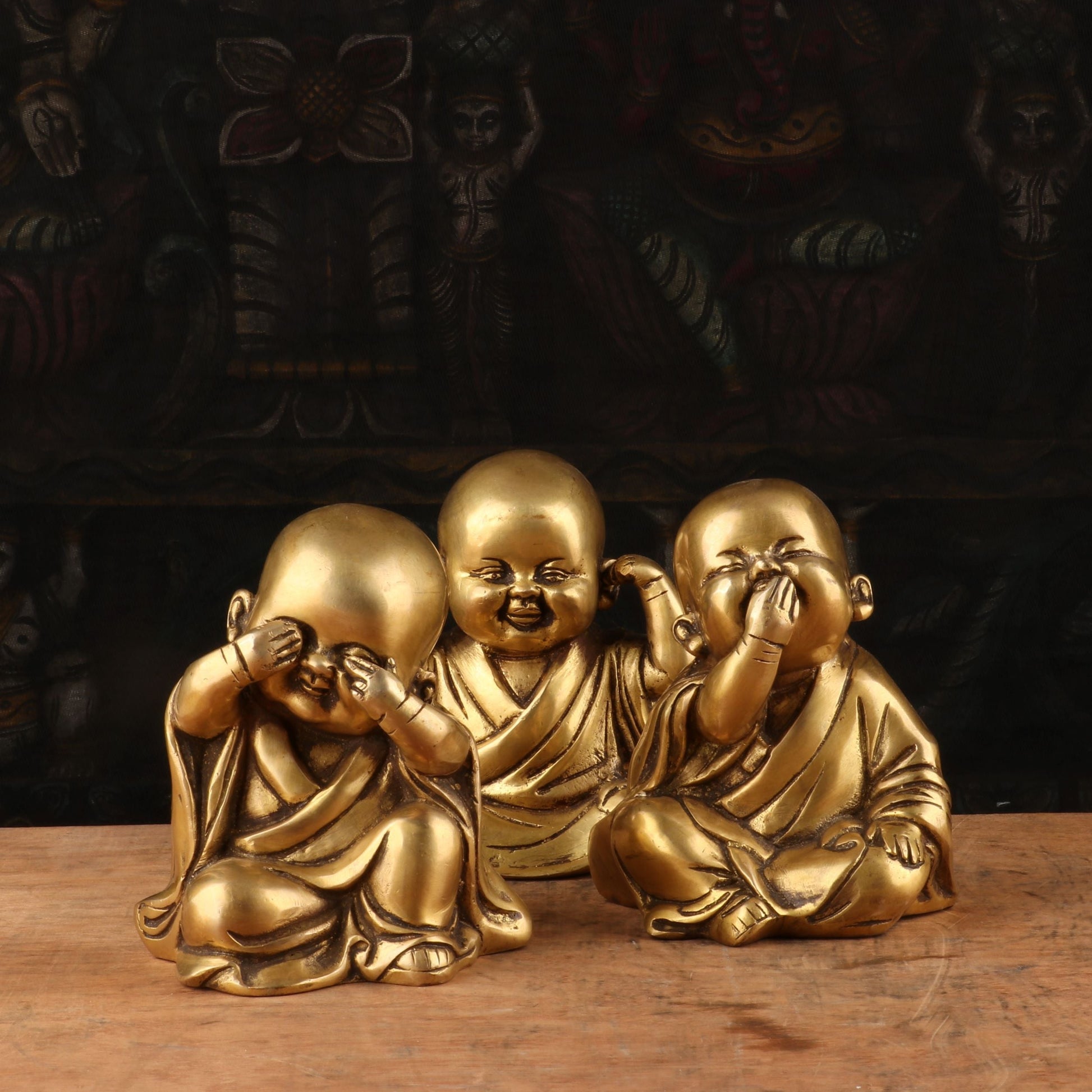 Brass Set of 3 Baby Laughing Buddha Monks 5'' - Image 4