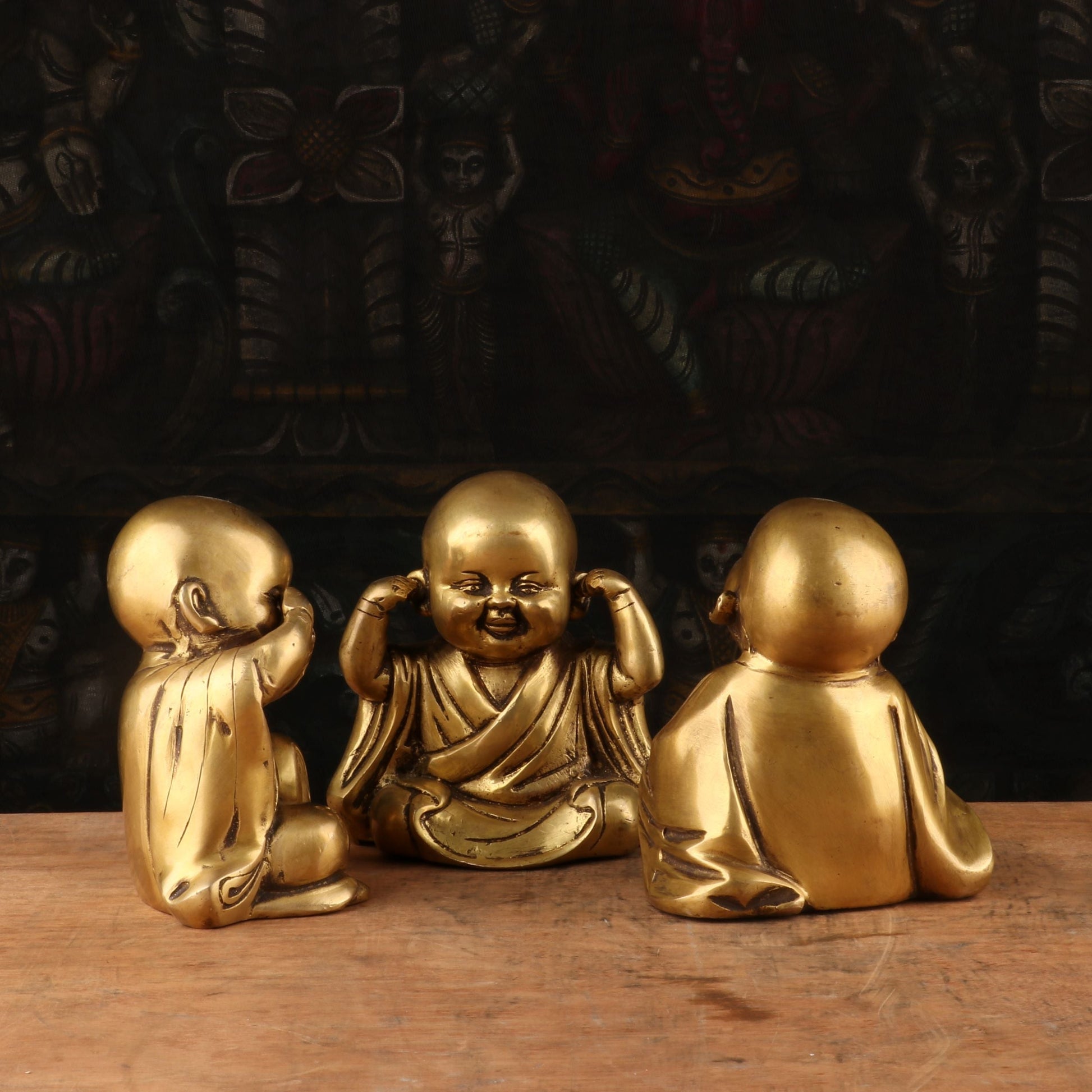 Brass Set of 3 Baby Laughing Buddha Monks 5'' - Image 6
