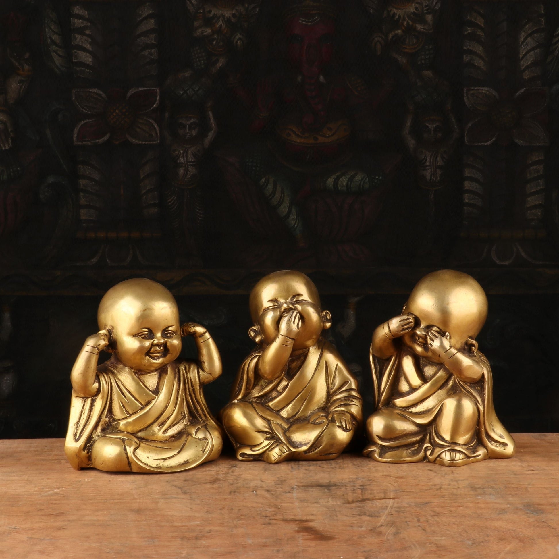 Brass Set of 3 Baby Laughing Buddha Monks 5'' - Eco-friendly - Sama Homes