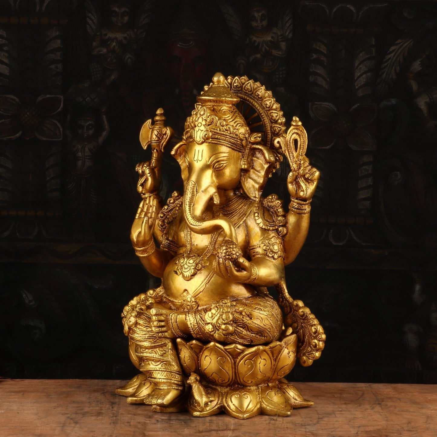 Brass Antique Ganesha Idol Sitting on Lotus Base 13"