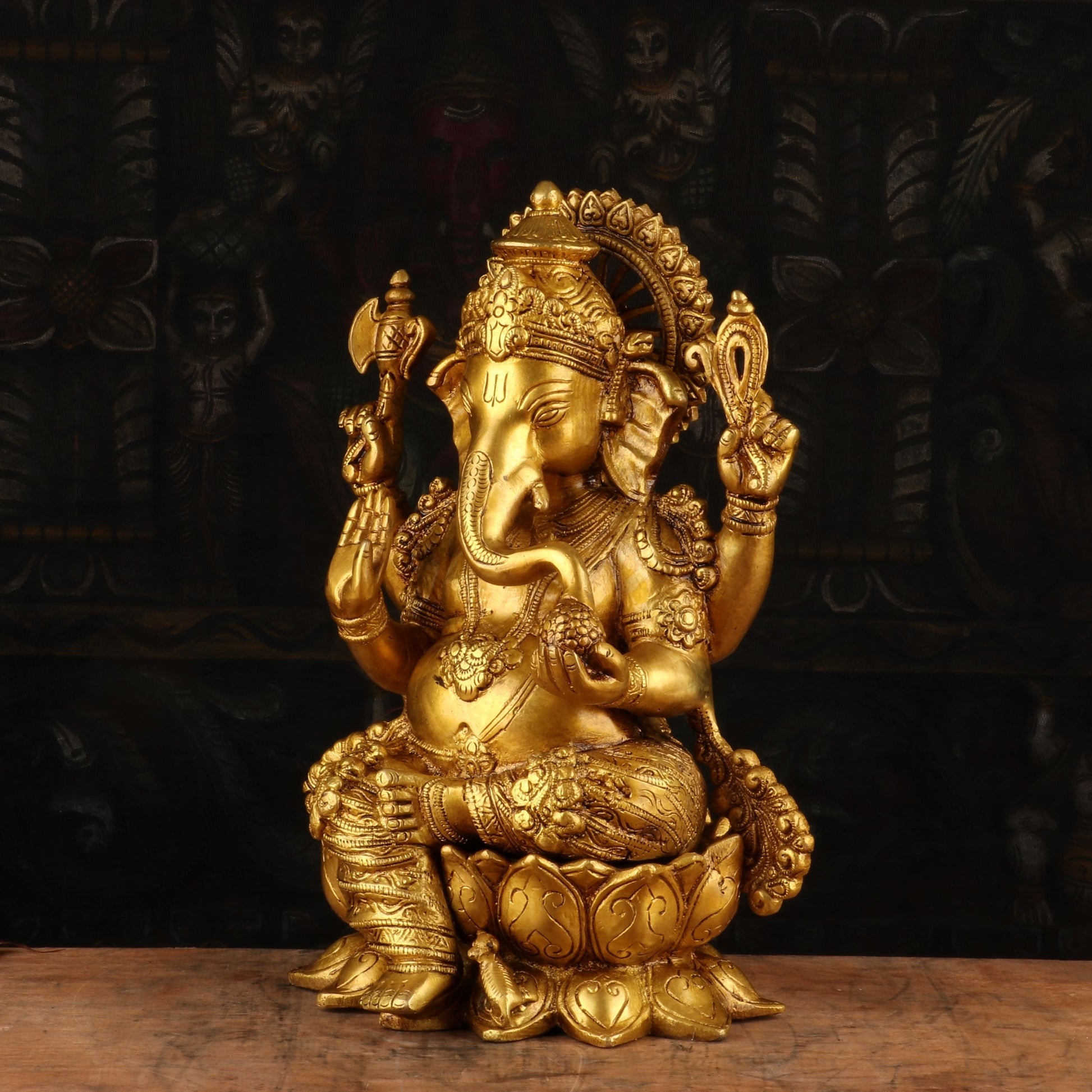 Brass Antique Ganesha Idol Sitting on Lotus Base 13" - Image 5