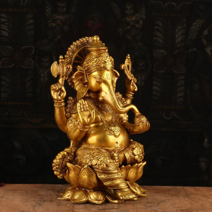 Brass Antique Ganesha Idol Sitting on Lotus Base 13" by vendor-unknown - Hindu Gods (View 4)