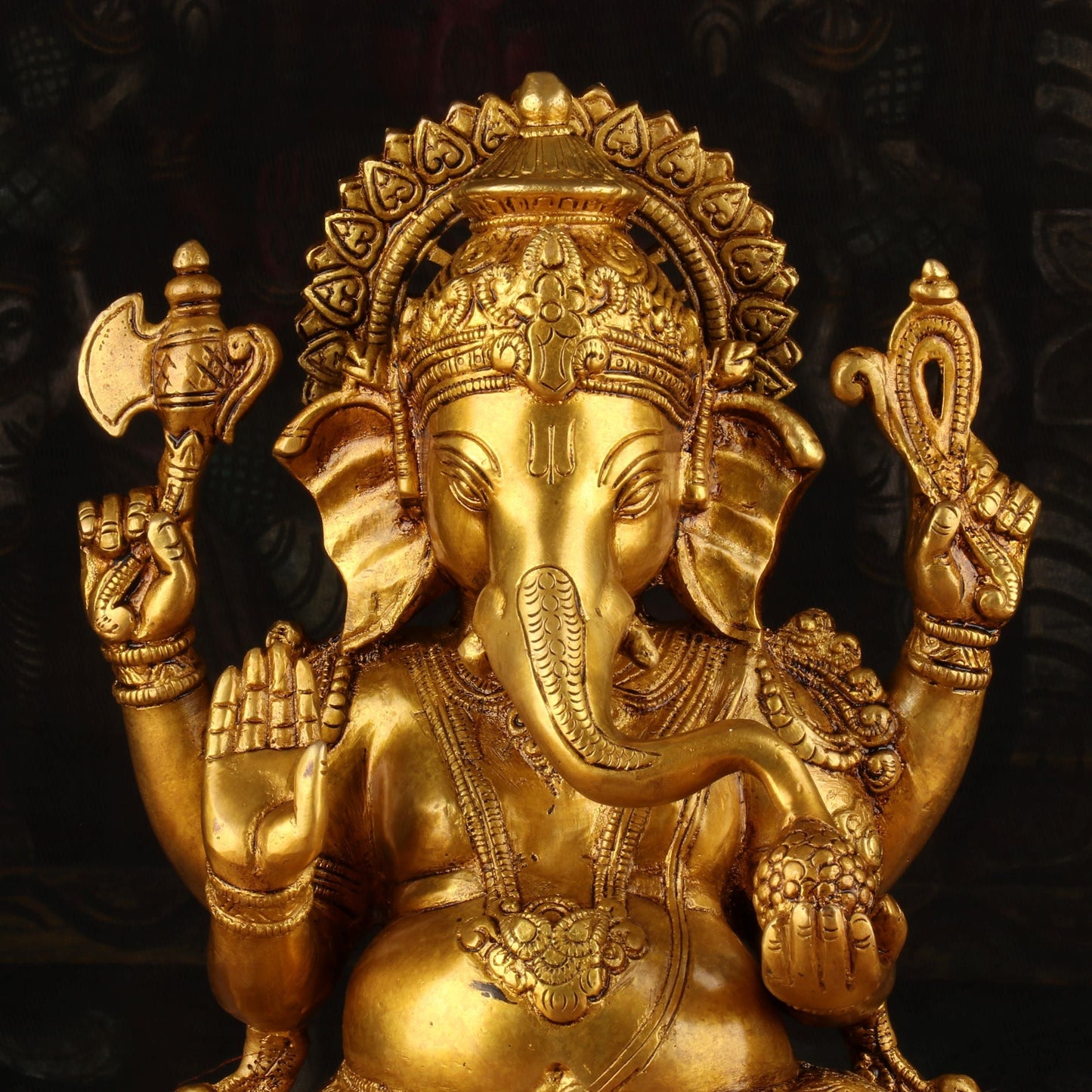 Brass Antique Ganesha Idol Sitting on Lotus Base 13"