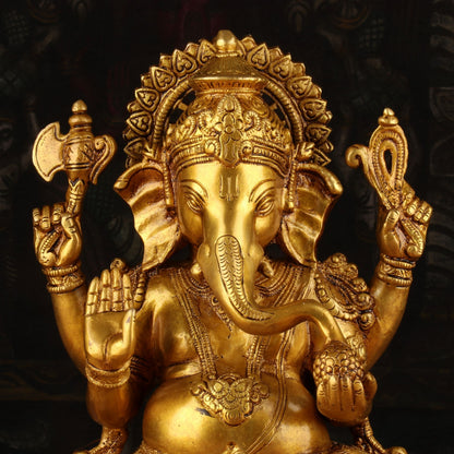 Brass Antique Ganesha Idol Sitting on Lotus Base 13" by vendor-unknown - Hindu Gods (View 2)