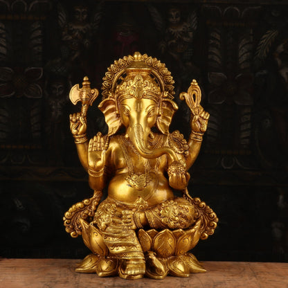 Brass Antique Ganesha Idol Sitting on Lotus Base 13" by vendor-unknown - Hindu Gods