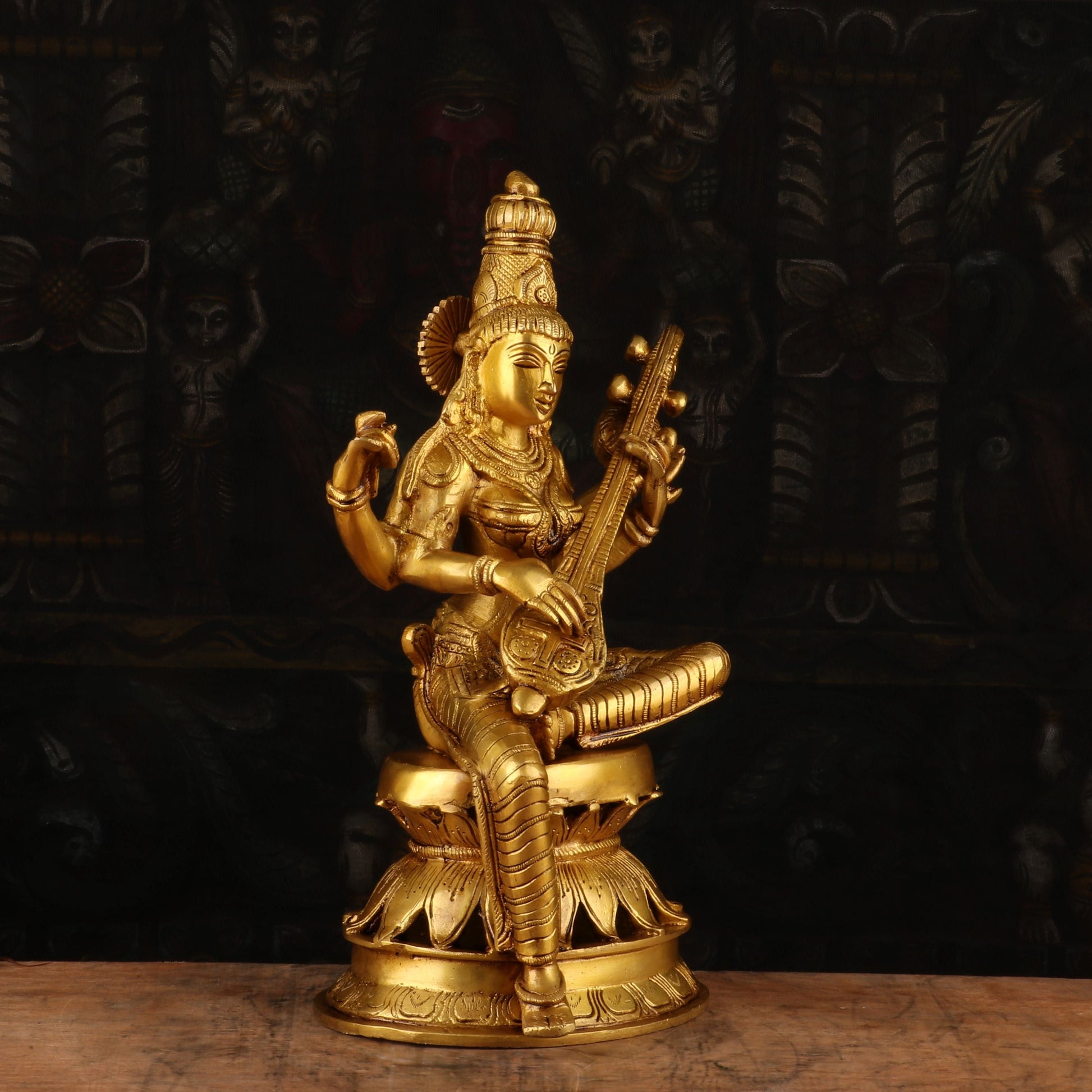 Brass Antique Goddess Saraswati Idol 12" - Image 4