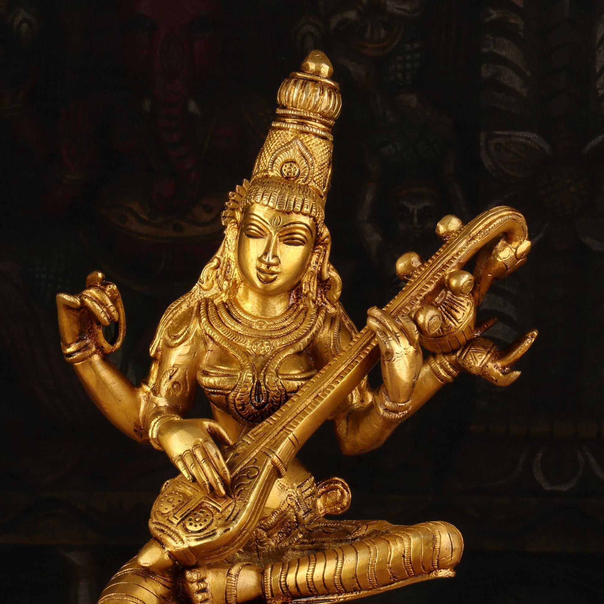 Brass Antique Goddess Saraswati Idol 12" - Image 2