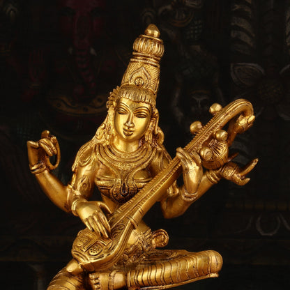Brass Antique Goddess Saraswati Idol 12" by vendor-unknown - Hindu Gods (View 2)