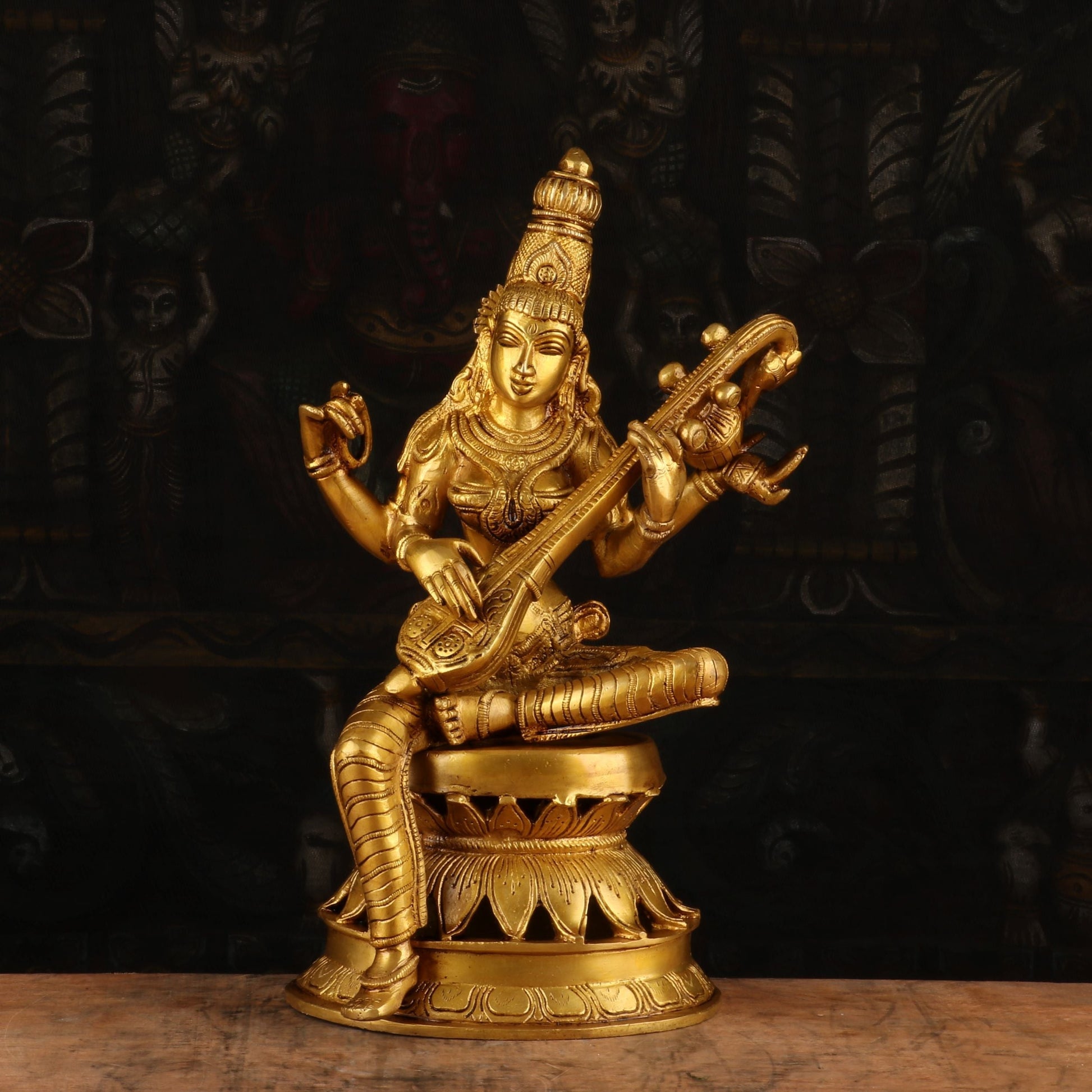 Brass Antique Goddess Saraswati Idol 12" - Eco-friendly - Sama Homes