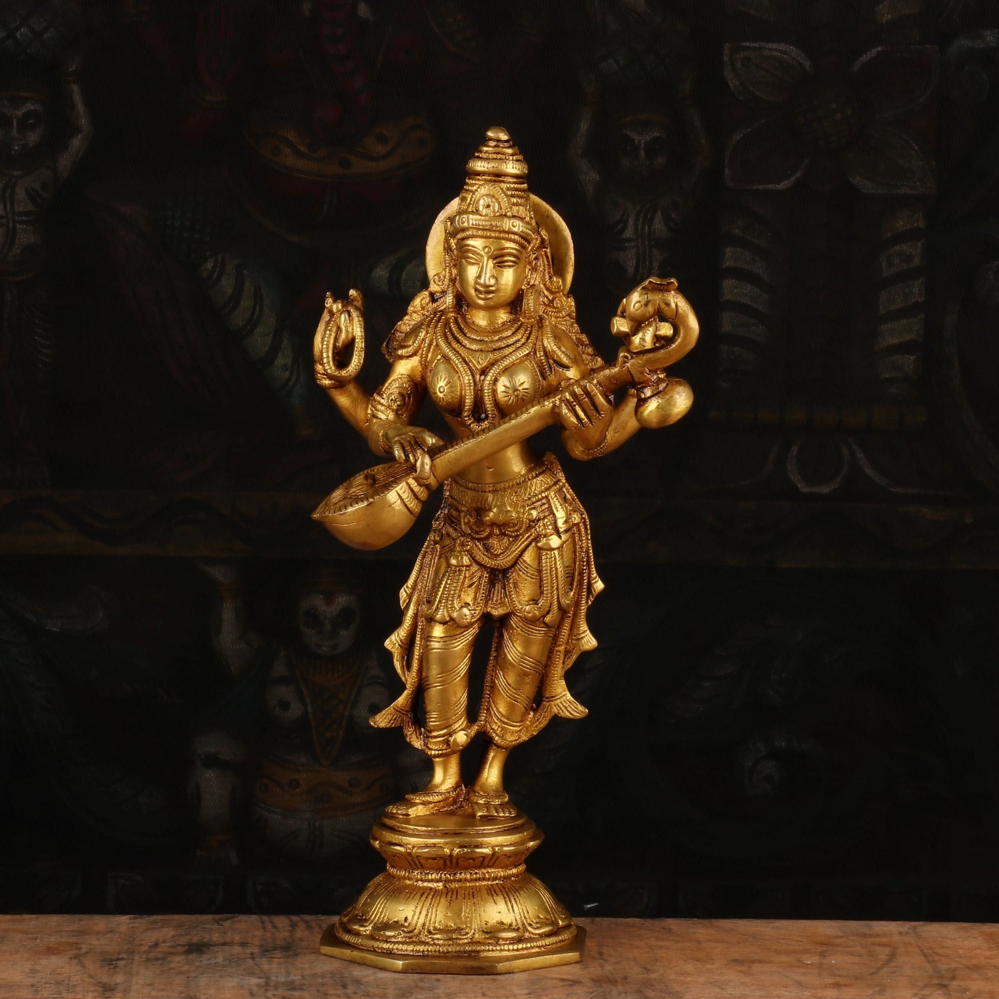 Brass Standing Saraswati Idol 10" - Eco-friendly - Sama Homes