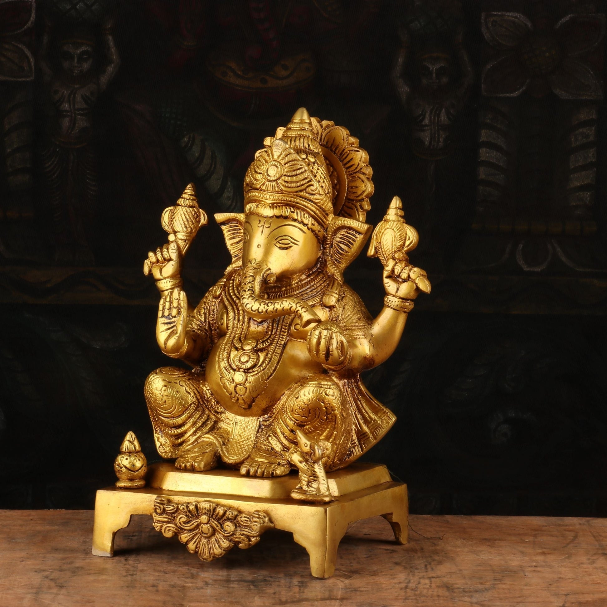 Brass Antique Ganesha Idol Sitting on Base 11" - Image 3