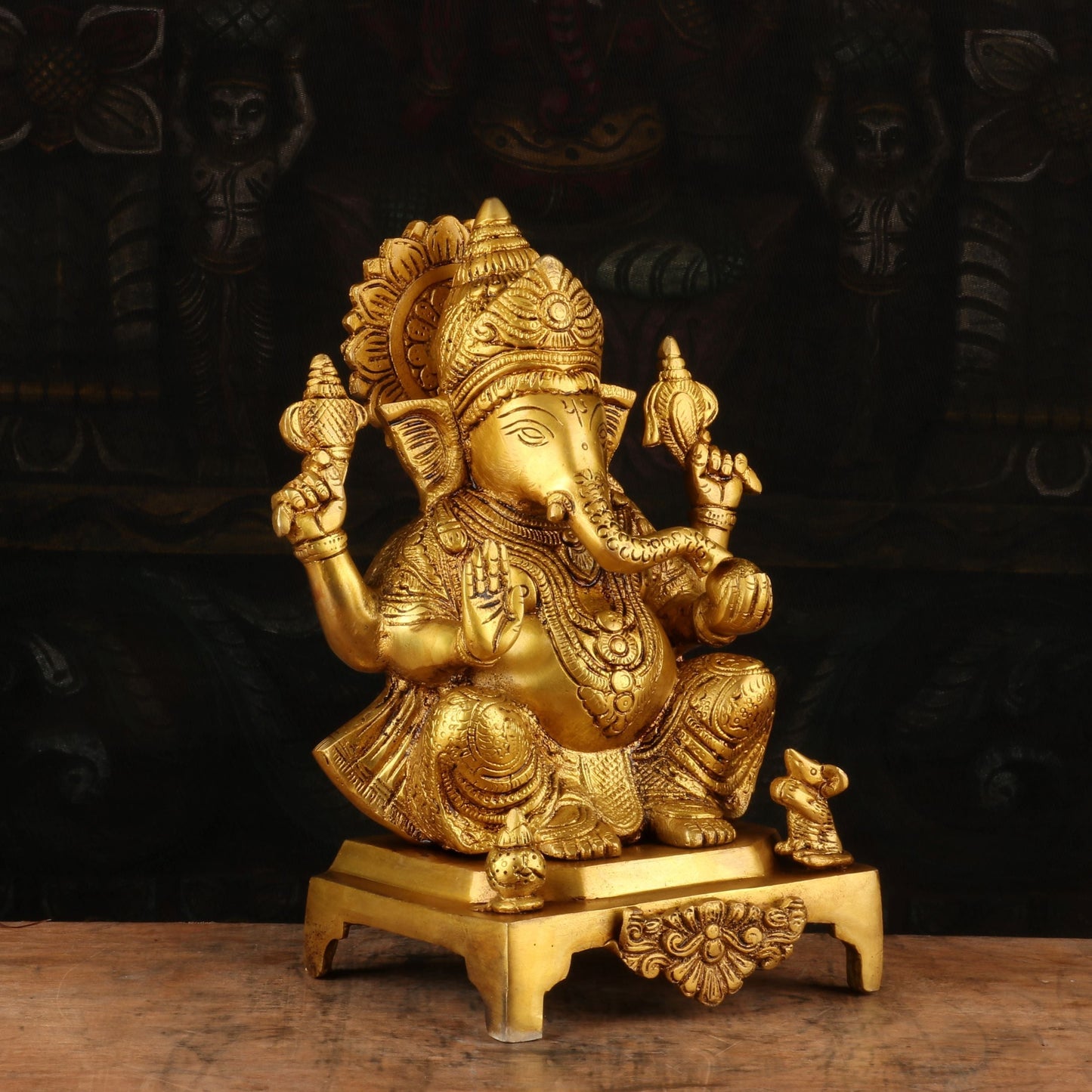 Brass Antique Ganesha Idol Sitting on Base 11"