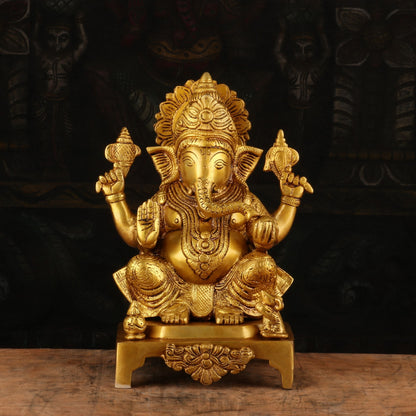 Brass Antique Ganesha Idol Sitting on Base 11" by vendor-unknown - Hindu Gods