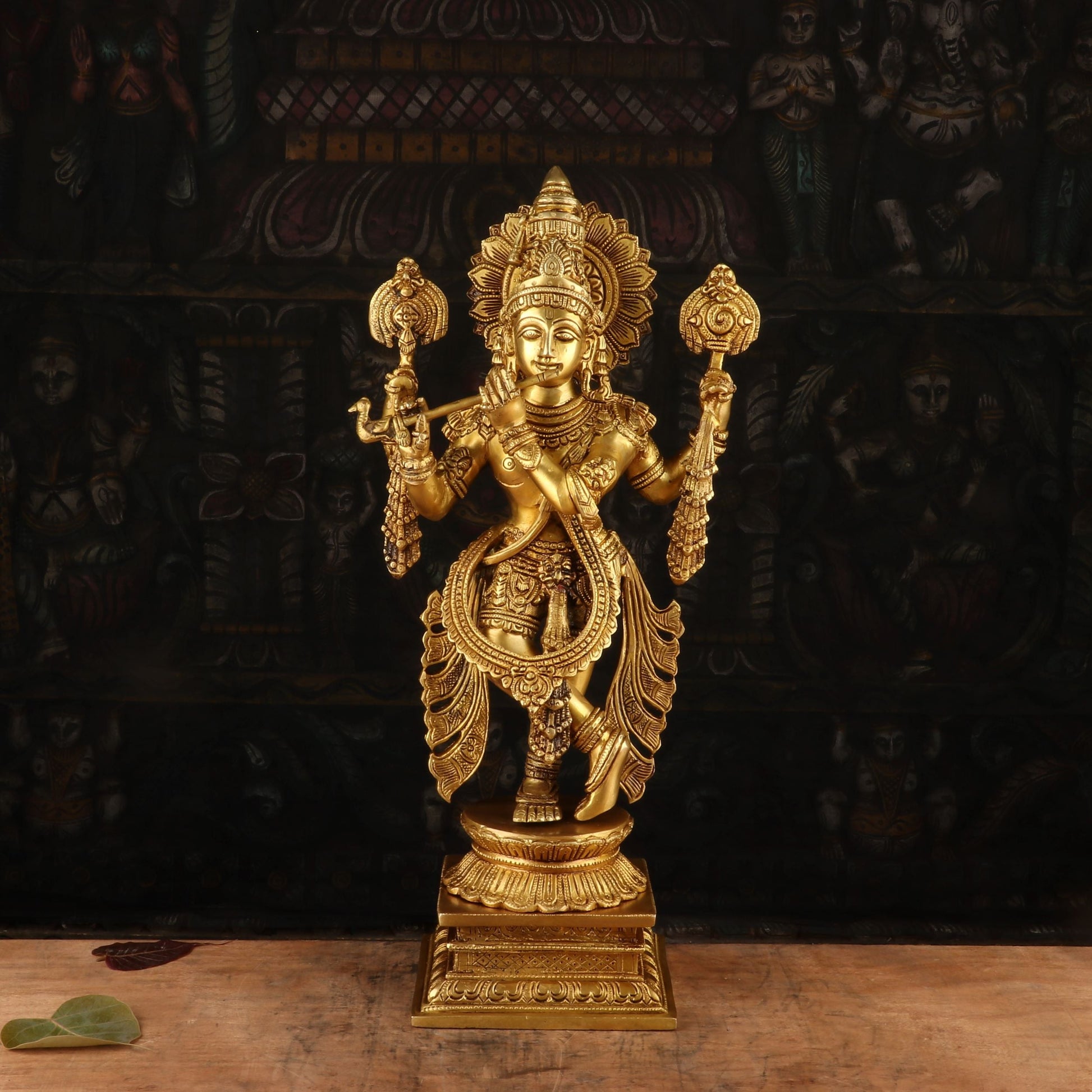 Brass Krishna Statue Idol Religious For Home Temple Decor Showpiece 20" - Eco-friendly - Sama Homes