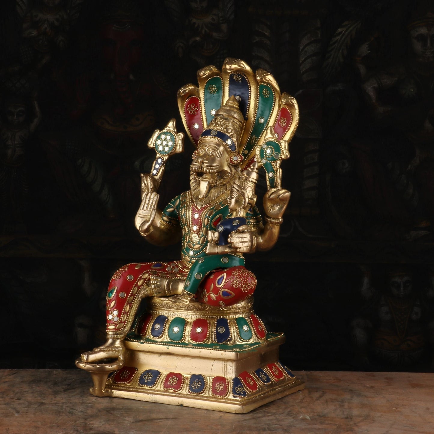 Brass Narsimha Lakshmi Idol Under Serpent Stone Work Religious Lucky Decor Statue 1 Feet