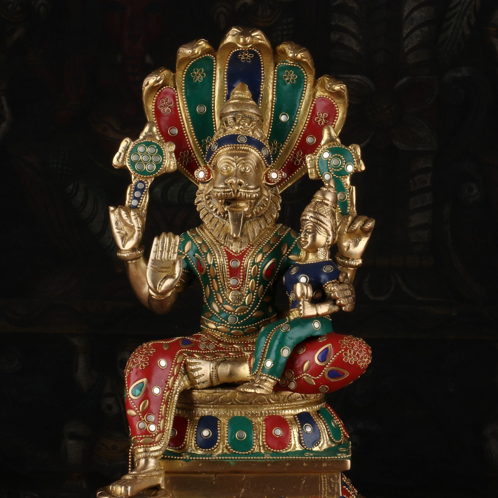 Brass Narsimha Lakshmi Idol Under Serpent Stone Work Religious Lucky Decor Statue 1 Feet - Image 6