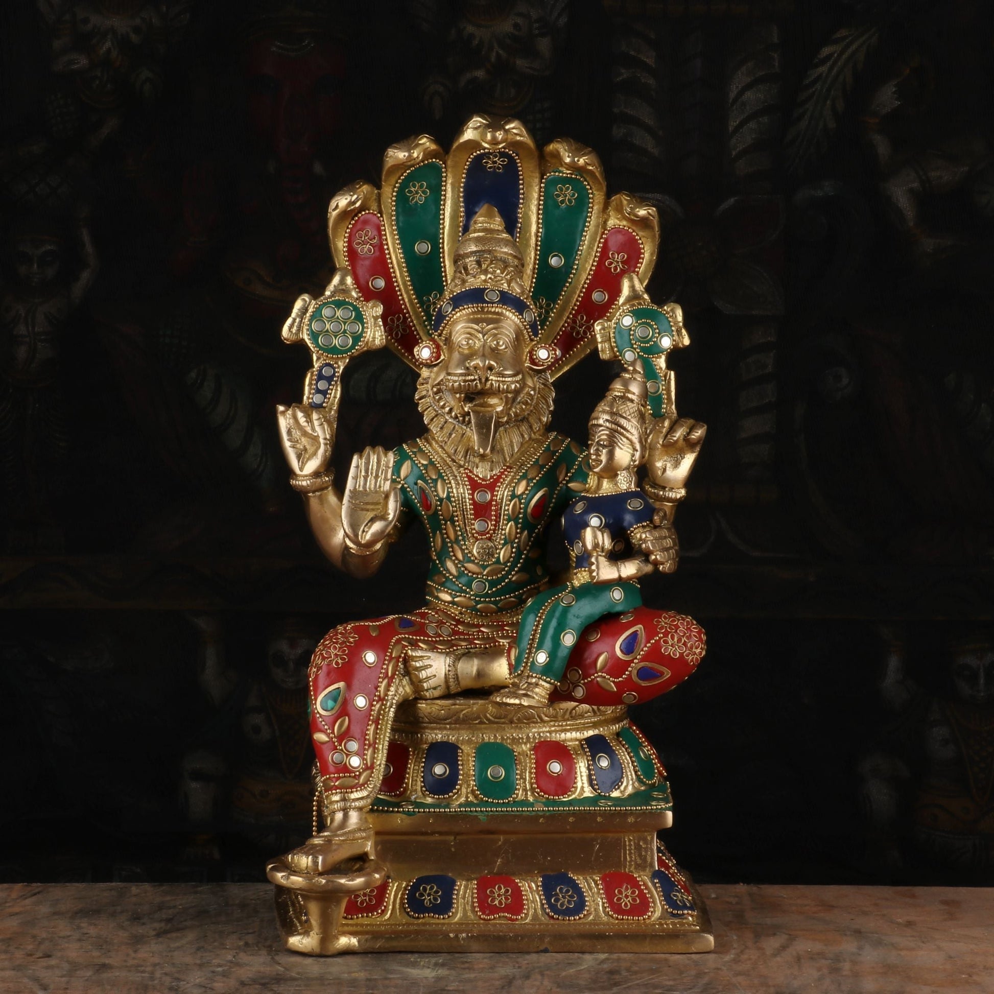 Brass Narsimha Lakshmi Idol Under Serpent Stone Work Religious Lucky Decor Statue 1 Feet - Eco-friendly - Sama Homes
