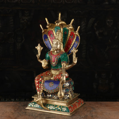 Brass Lord Vishnu Statue Sitting Under Serpent Stone Work Idol Religious Decor 17" by vendor-unknown - Hindu Gods (View 3)