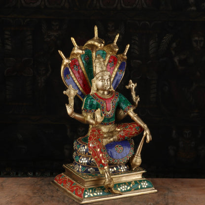 Brass Lord Vishnu Statue Sitting Under Serpent Stone Work Idol Religious Decor 17" by vendor-unknown - Hindu Gods (View 4)