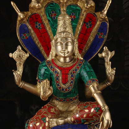Brass Lord Vishnu Statue Sitting Under Serpent Stone Work Idol Religious Decor 17" by vendor-unknown - Hindu Gods (View 6)