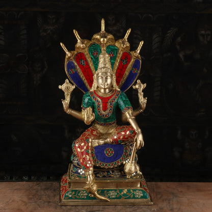 Brass Lord Vishnu Statue Sitting Under Serpent Stone Work Idol Religious Decor 17" by vendor-unknown - Hindu Gods