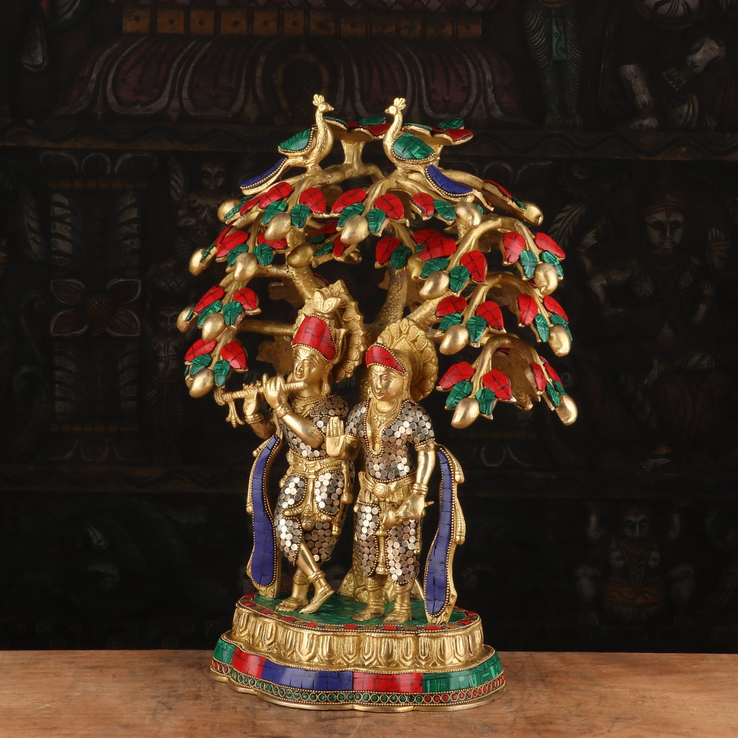 Brass Lord Radha Krishna Under the Kadamba Tree Stone Work Idol Religious Decor 1.5 Feet