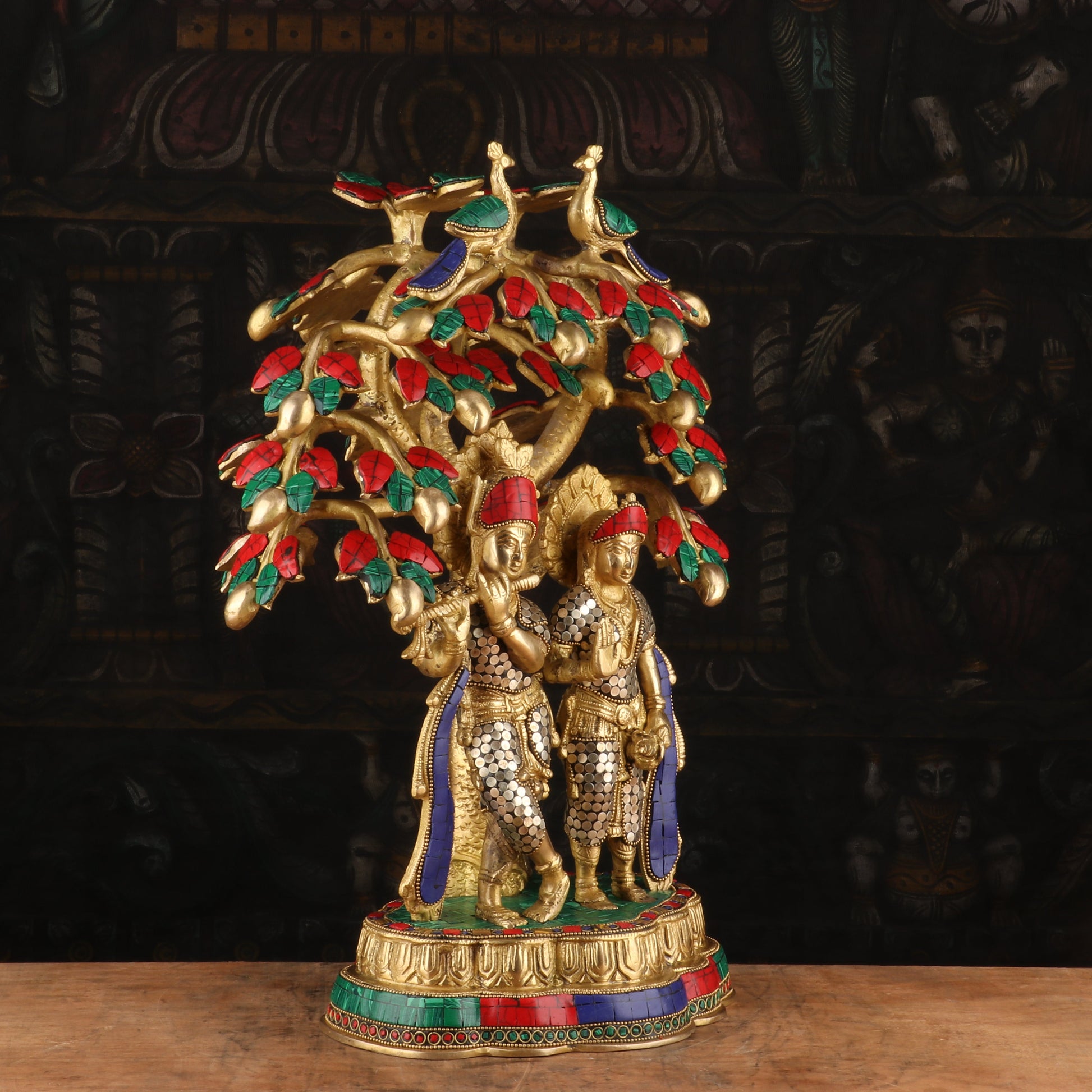 Brass Lord Radha Krishna Under the Kadamba Tree Stone Work Idol Religious Decor 1.5 Feet - Image 4