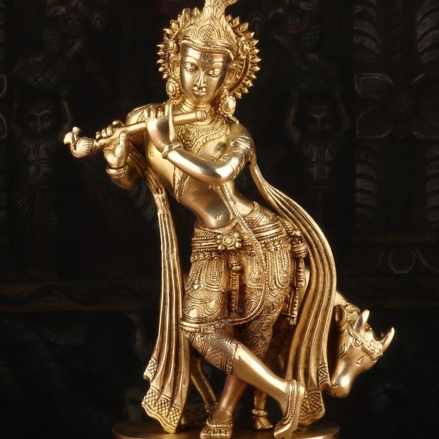 Brass Antique Krishna with Cow Idol 14"