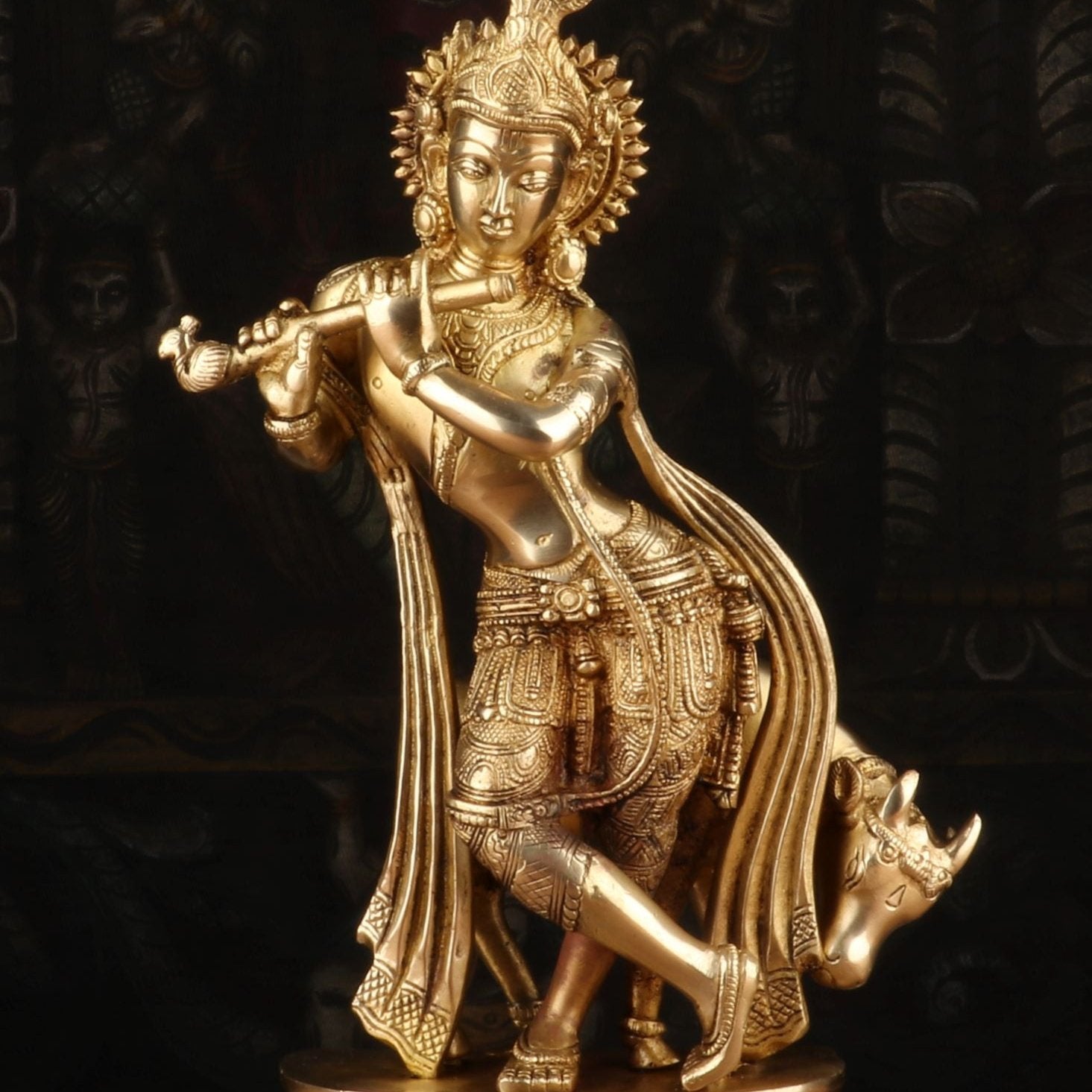 Brass Antique Krishna with Cow Idol 14" - Image 2