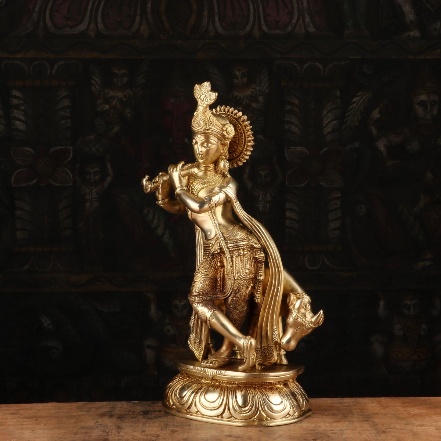 Brass Antique Krishna with Cow Idol 14"