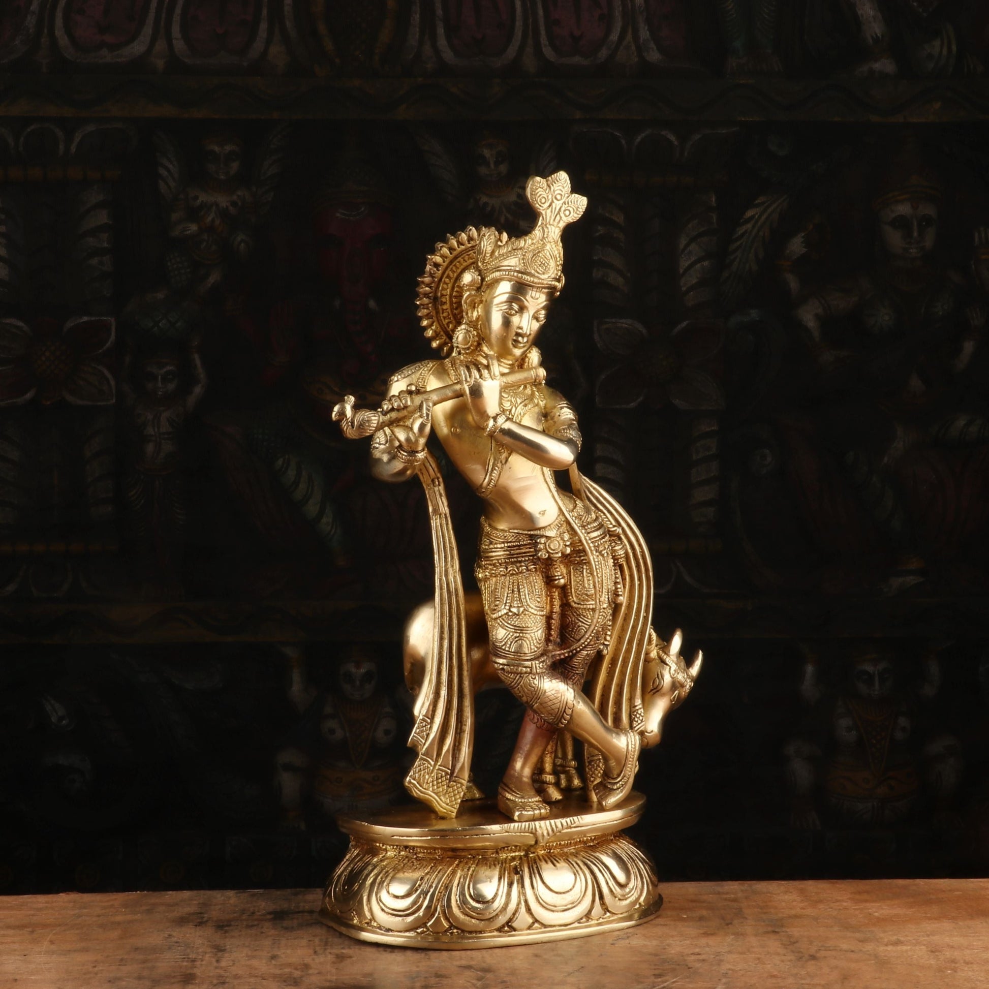 Brass Antique Krishna with Cow Idol 14" - Image 4