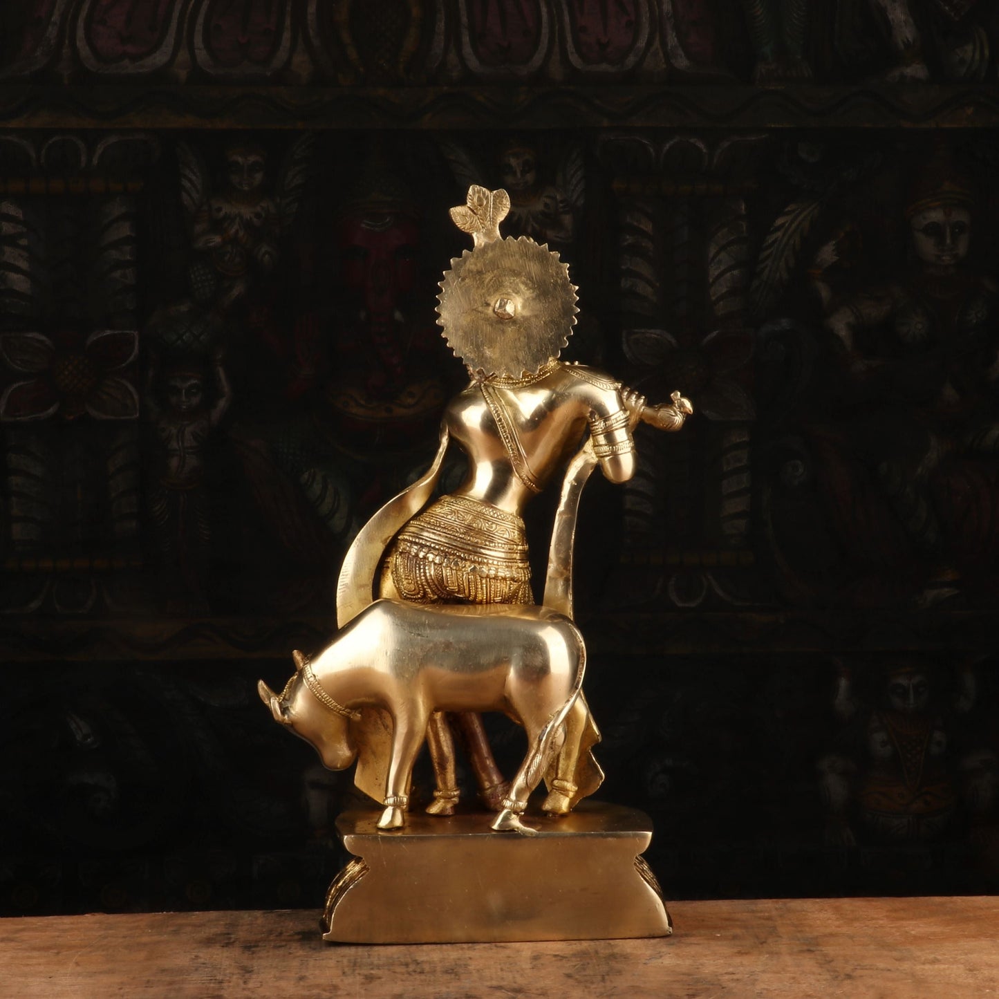Brass Antique Krishna with Cow Idol 14"