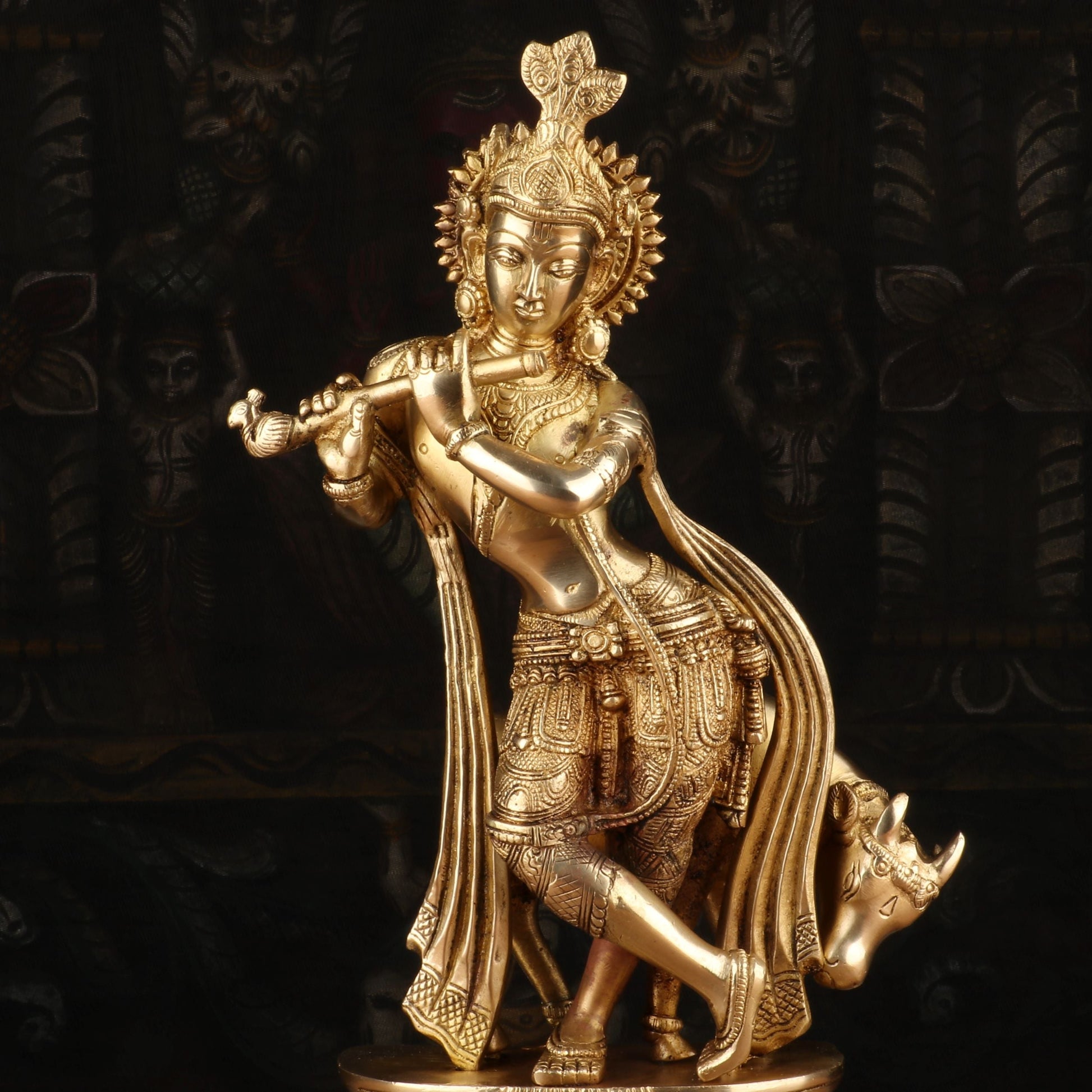 Brass Antique Krishna with Cow Idol 14" - Image 6