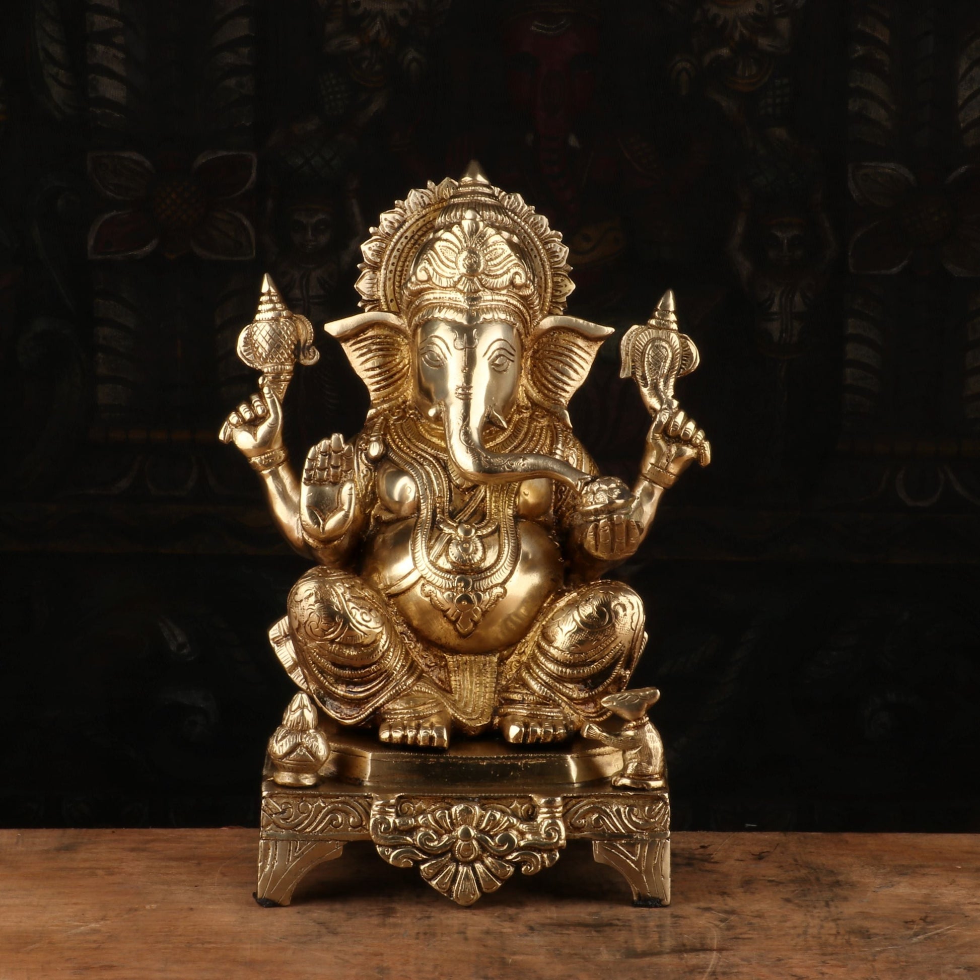 Brass Ganesha Statue Sitting On Base For Home Decor Showpiece 11" - Image 2