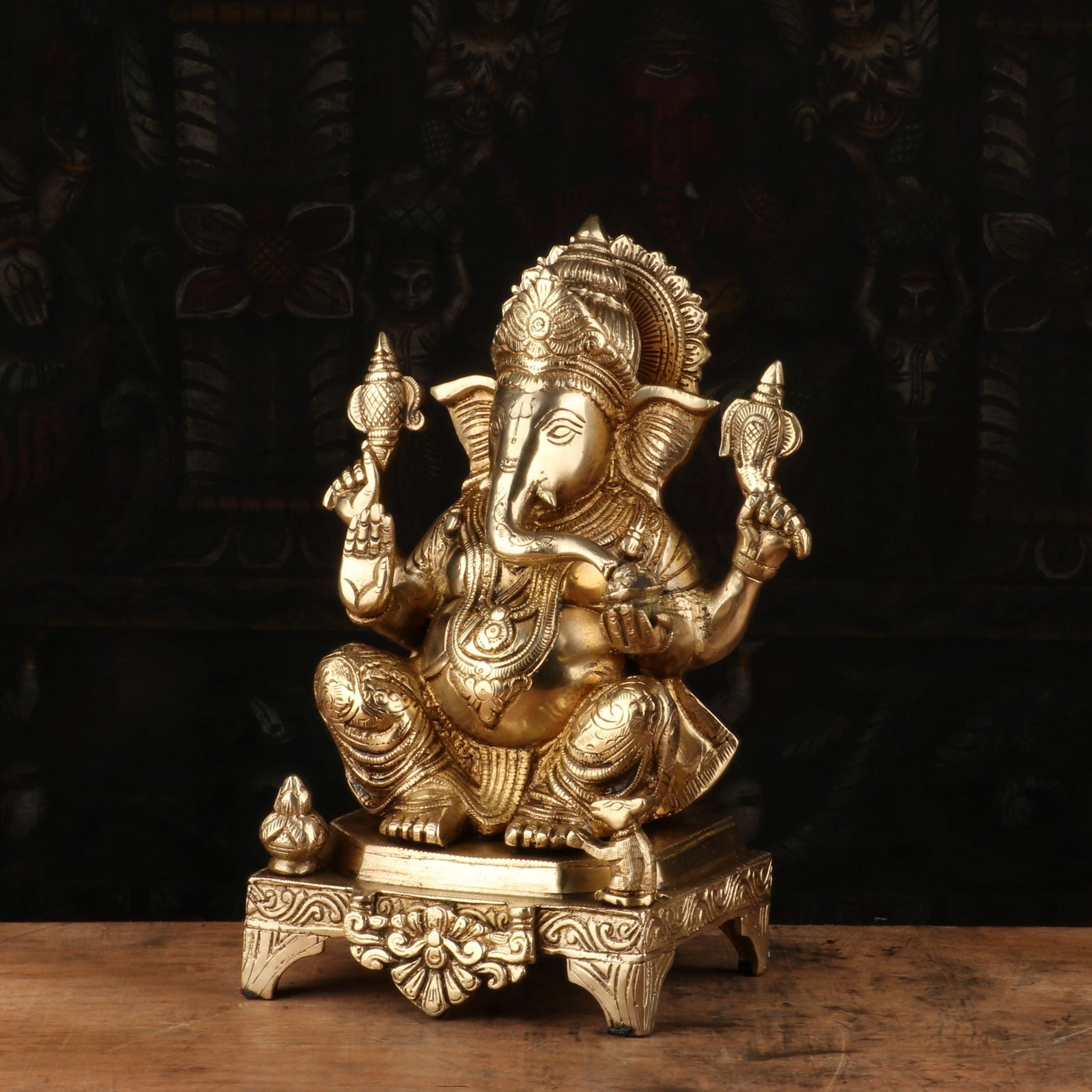Brass Ganesha Statue Sitting On Base For Home Decor Showpiece 11" - Image 3