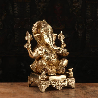Brass Ganesha Statue Sitting On Base For Home Decor Showpiece 11" by vendor-unknown - Hindu Gods (View 4)