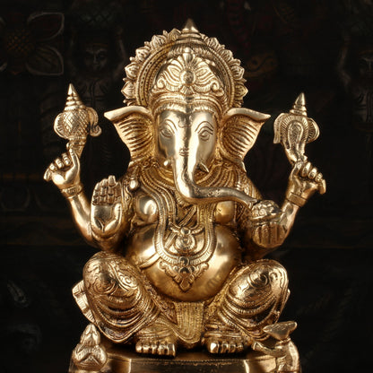 Brass Ganesha Statue Sitting On Base For Home Decor Showpiece 11" by vendor-unknown - Hindu Gods (View 6)