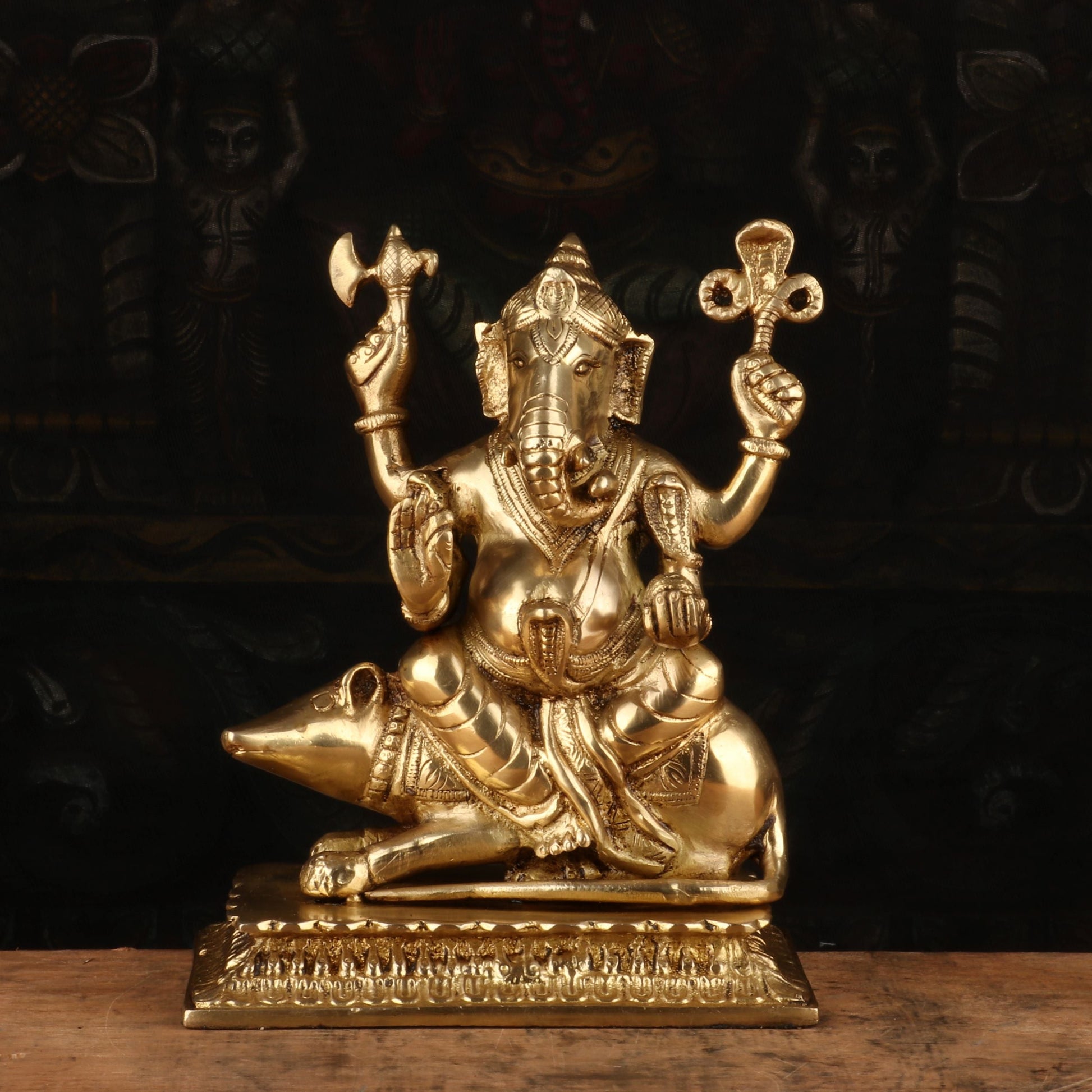 Brass Lord Ganesha Statue Sitting On Ret Religious For Home Decor 10" - Image 2