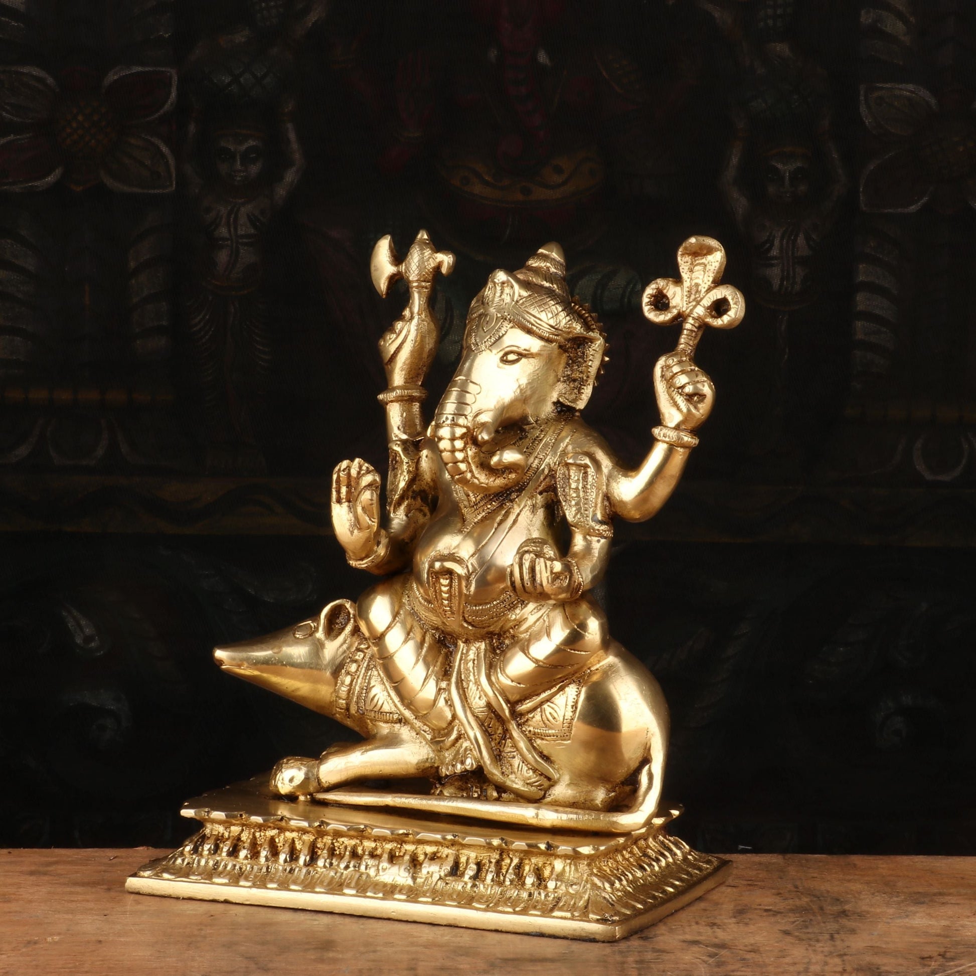 Brass Lord Ganesha Statue Sitting On Ret Religious For Home Decor 10" - Image 3