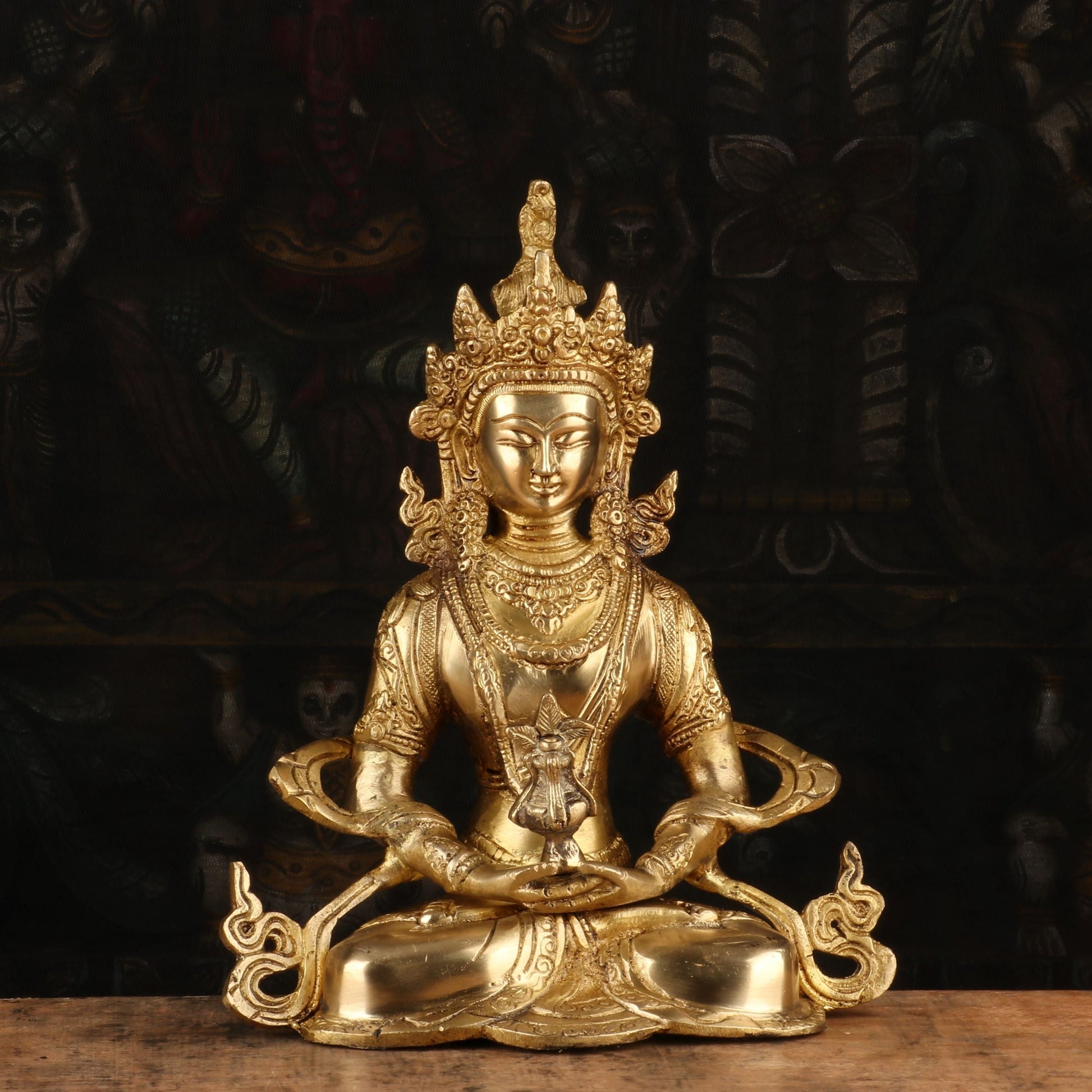 Brass Tibetan Buddhist Deity Amitabha Buddha Statue Decor 10" - Eco-friendly - Sama Homes