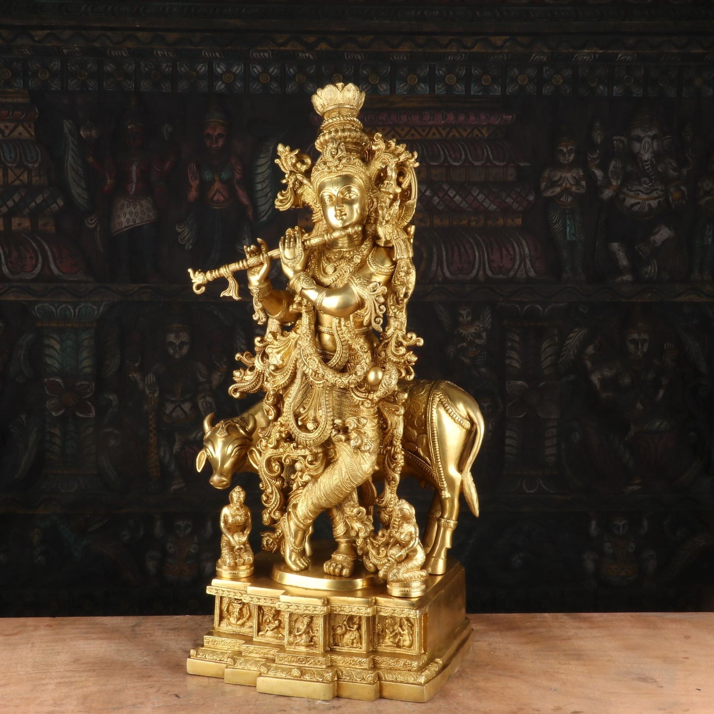 Brass Krishna Idol with Cow 27" by StatueStudio