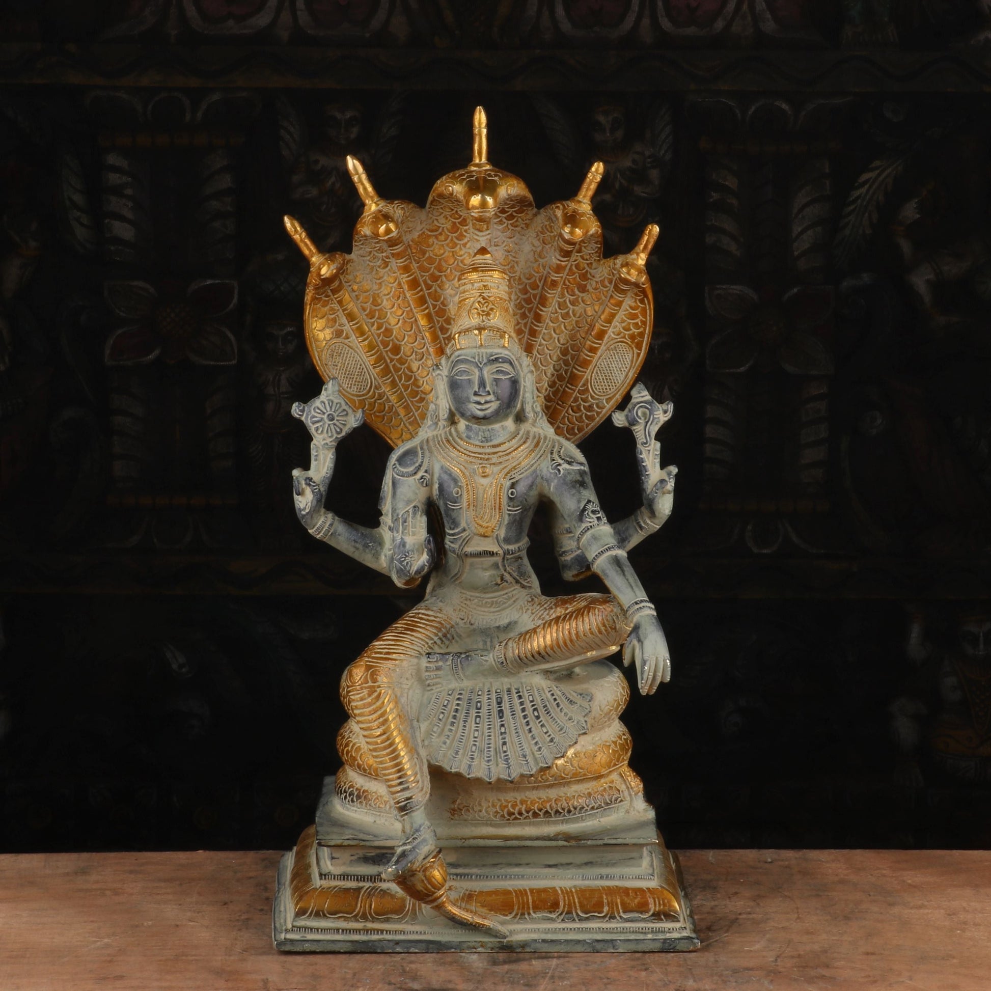 Brass Vishnu Statue Under Serpent Antique Finish Idol Religious Decor 17" - Image 2