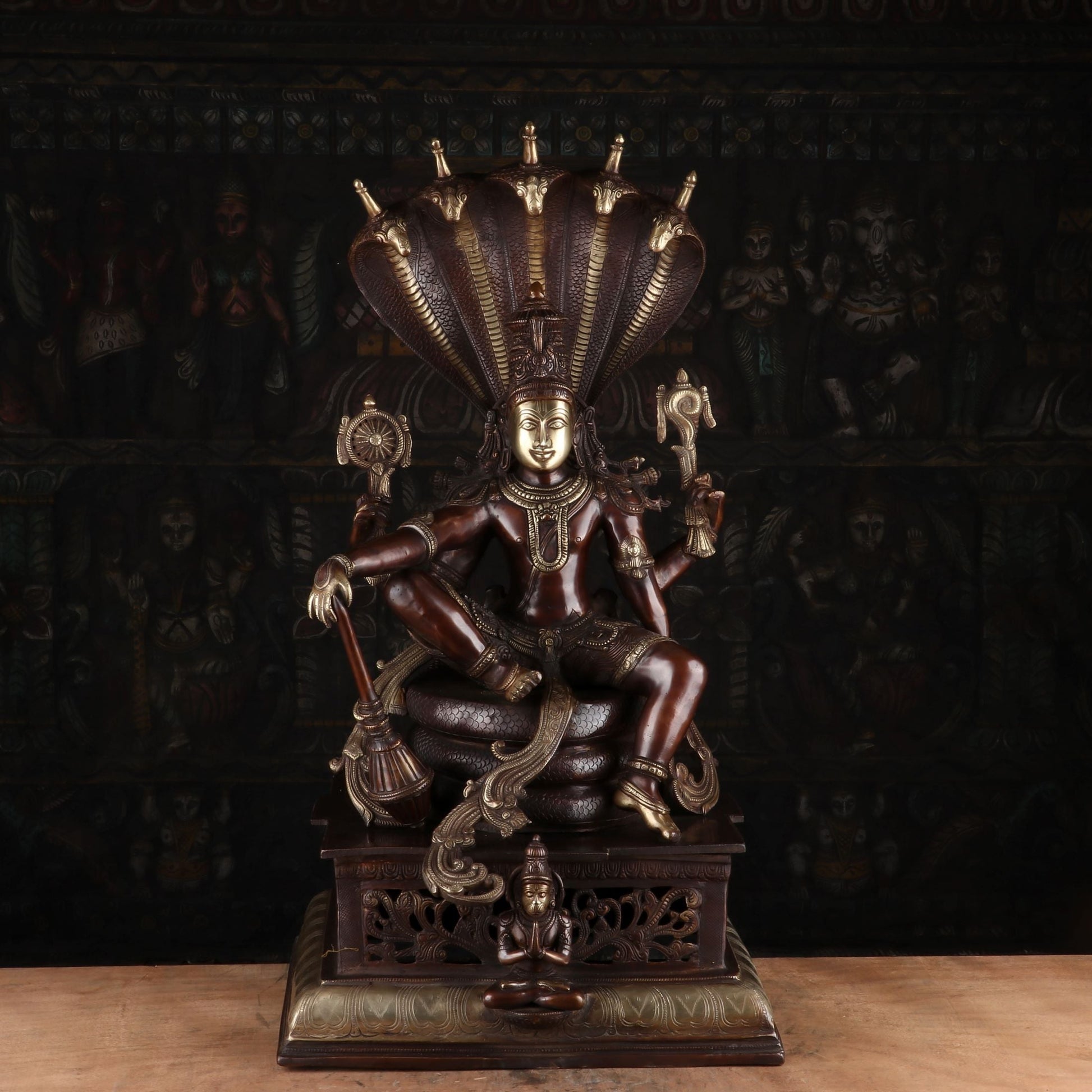 Brass Lord Vishnu Statue Under Serpent Antique Finish Idol Religious Decor 2.5 - Image 2