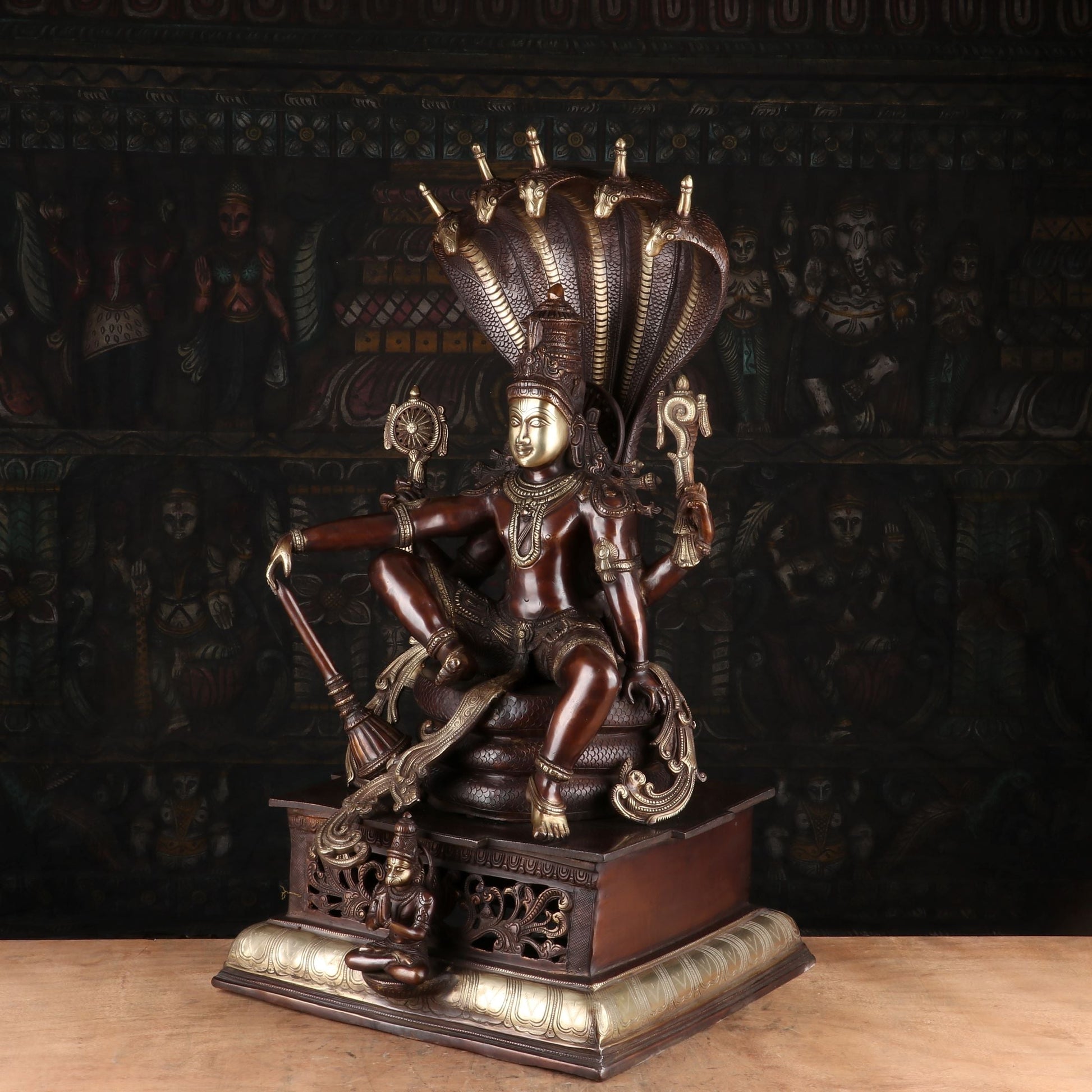 Brass Lord Vishnu Statue Under Serpent Antique Finish Idol Religious Decor 2.5 - Image 4
