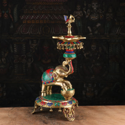 Brass Elephant Diya Stone Work For Home Temple Religious Decor Showpiece 1.5 Feet by vendor-unknown - Spiritual